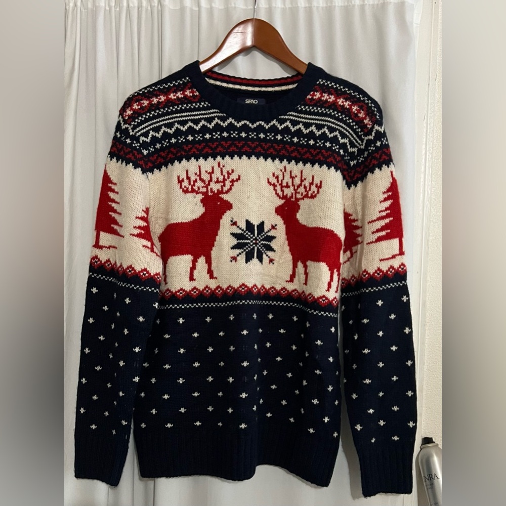 SPAO Wool Y2K Men's Holiday Reindeer Sweater Red Navy PATTERN NAVAJO Christmas M